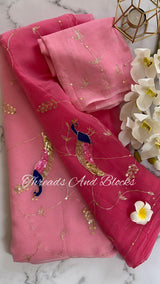 Shaded Pink Jaal Saree with Peacocks