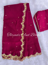 Wine Sequin Mesh Scalloped Border Saree