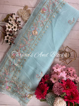 Sky Blue Floral Kasab Border Saree