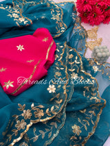 Teal Gotapatti Scalloped Border Saree
