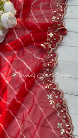 Red White Leheriya with Scalloped Border