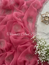 Carnation Pink Pearl Scalloped Border Saree
