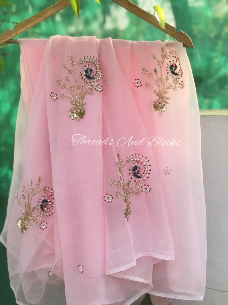 Pink Peacock Couture  Blush Saree With Embellished Blouse