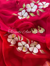 Berry Pink and Red Hibiscus Saree