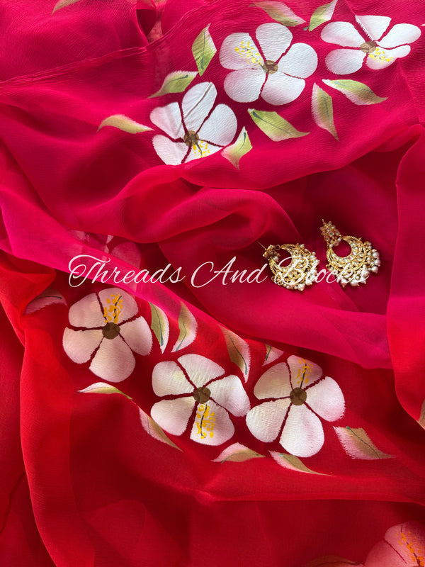 Berry Pink and Red Hibiscus Saree