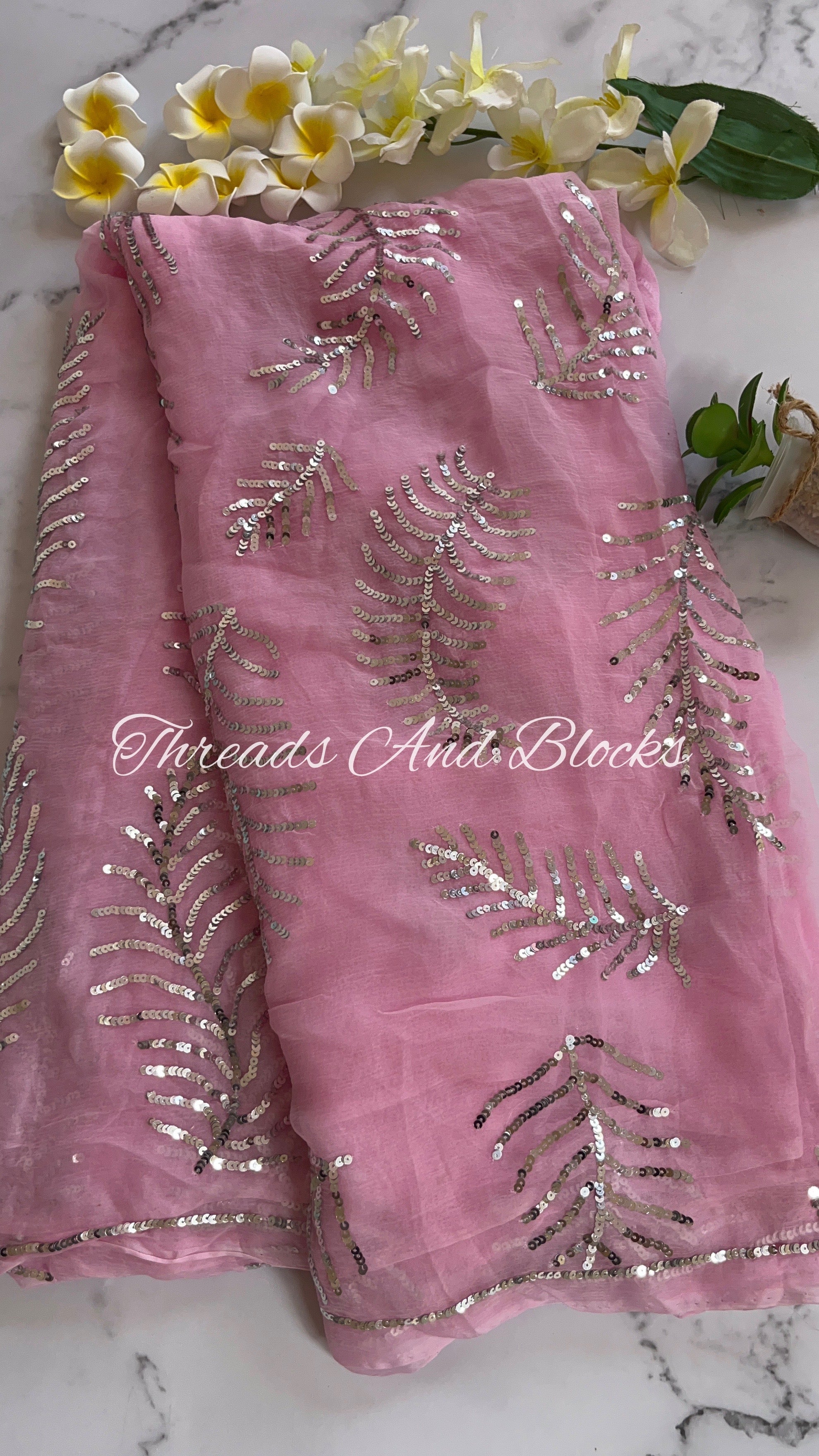 Silver Sequin Scattered Leaf Buta Saree