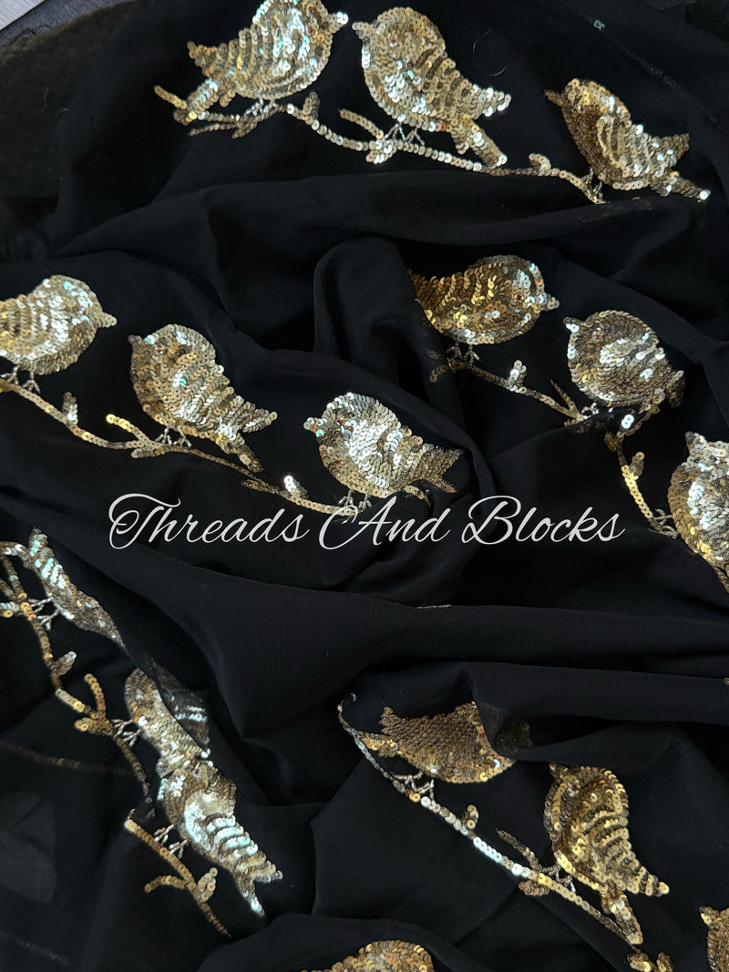 Black Chirpy Birds Chiffon Saree