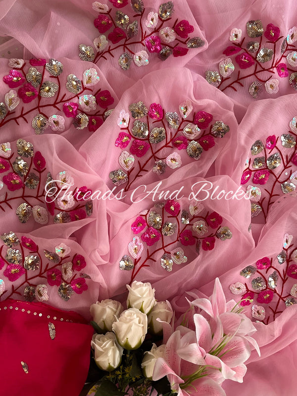 Pink Floral Stem Saree