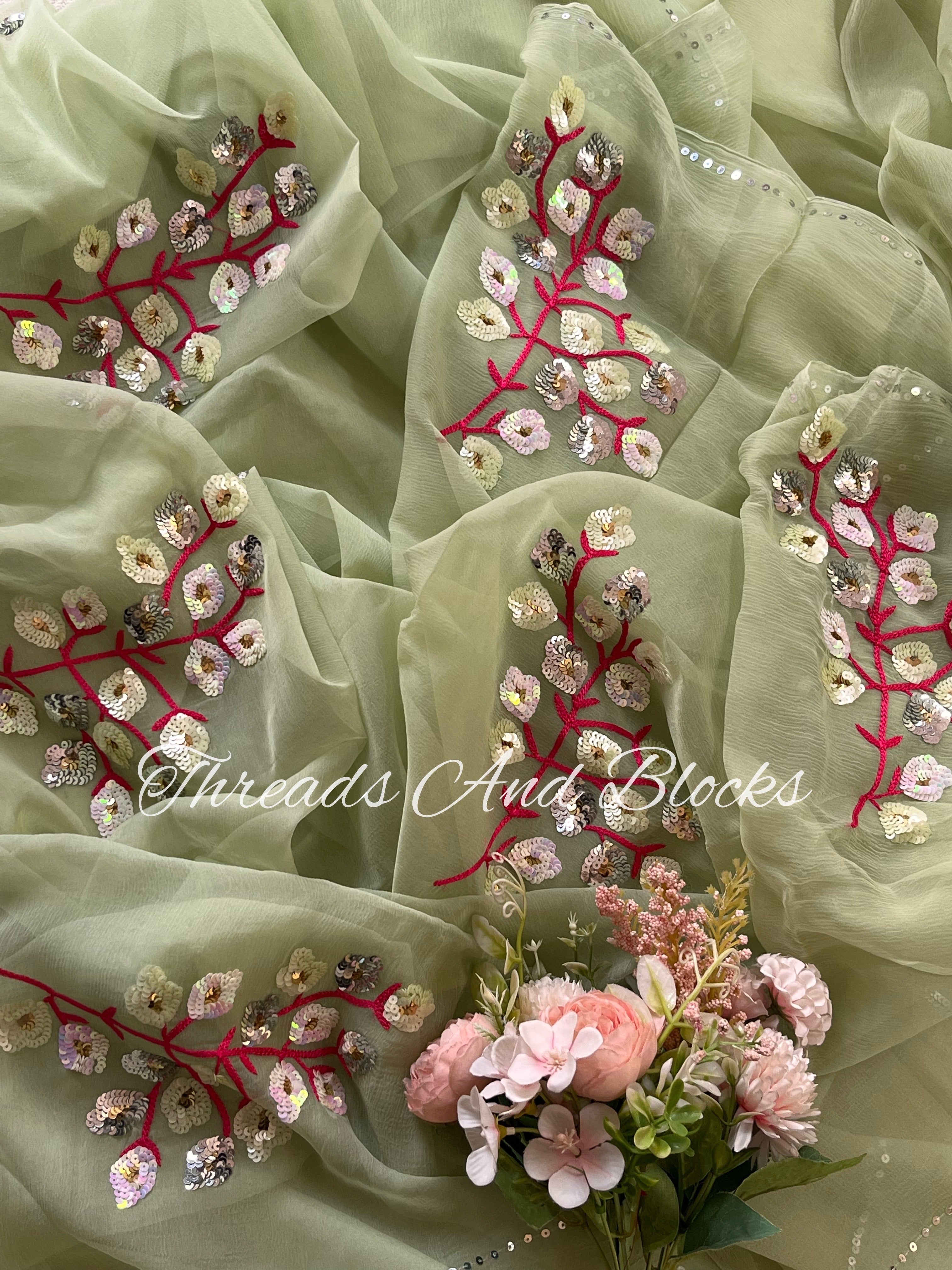 Sage Green Floral Stem Saree