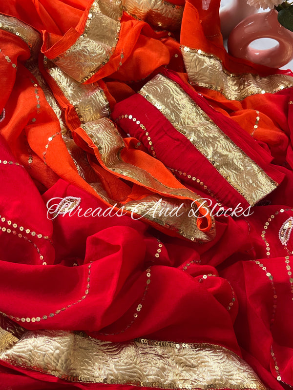 Orange Red Chinnon Lappa Gota Saree