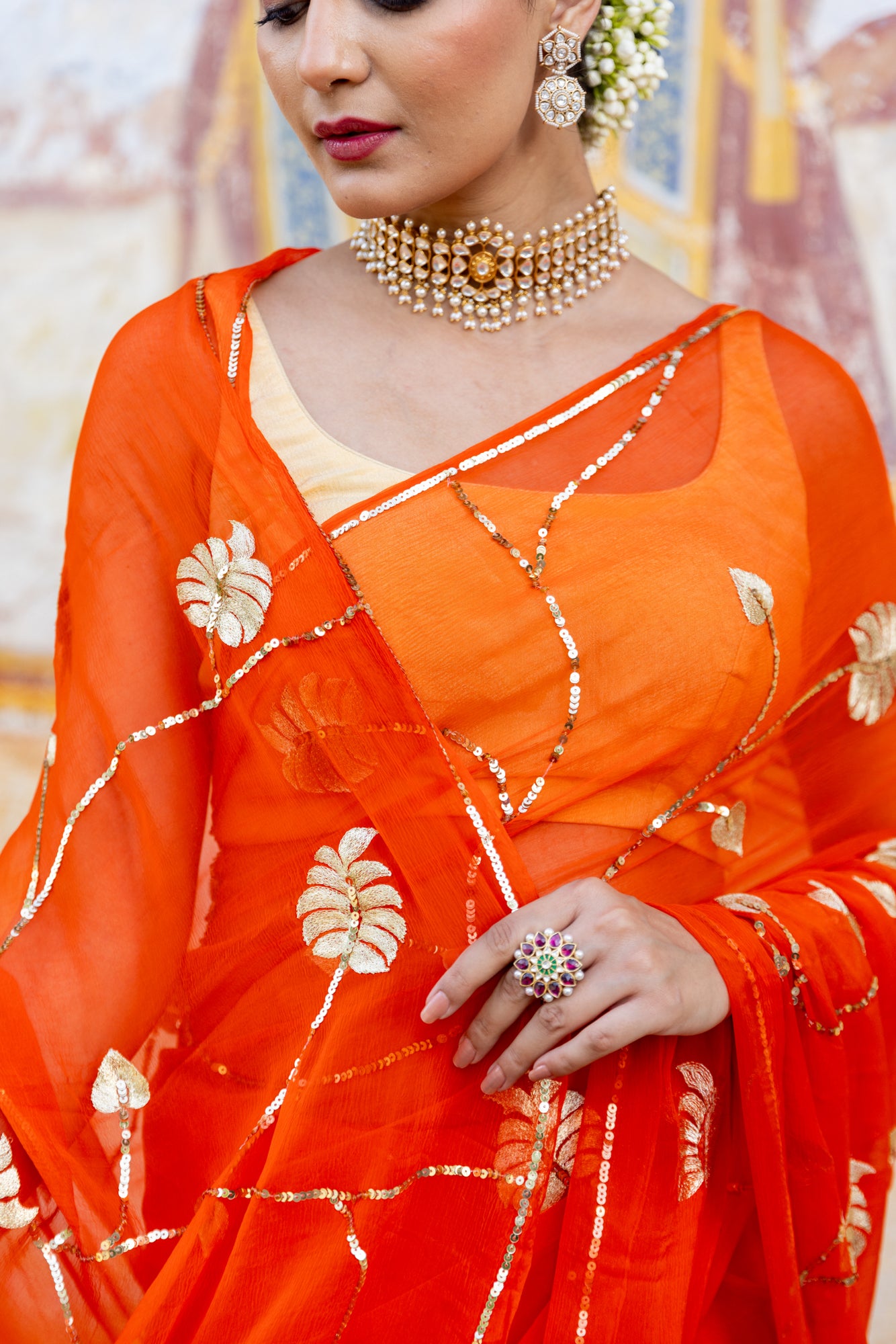 Orange Zari Pittan Leaf Jaal Saree