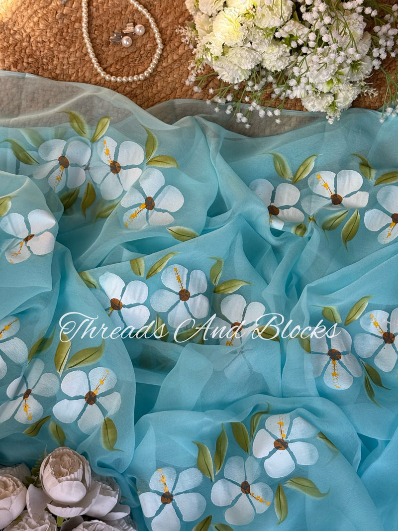 Blue Hibiscus Hand Painted Saree