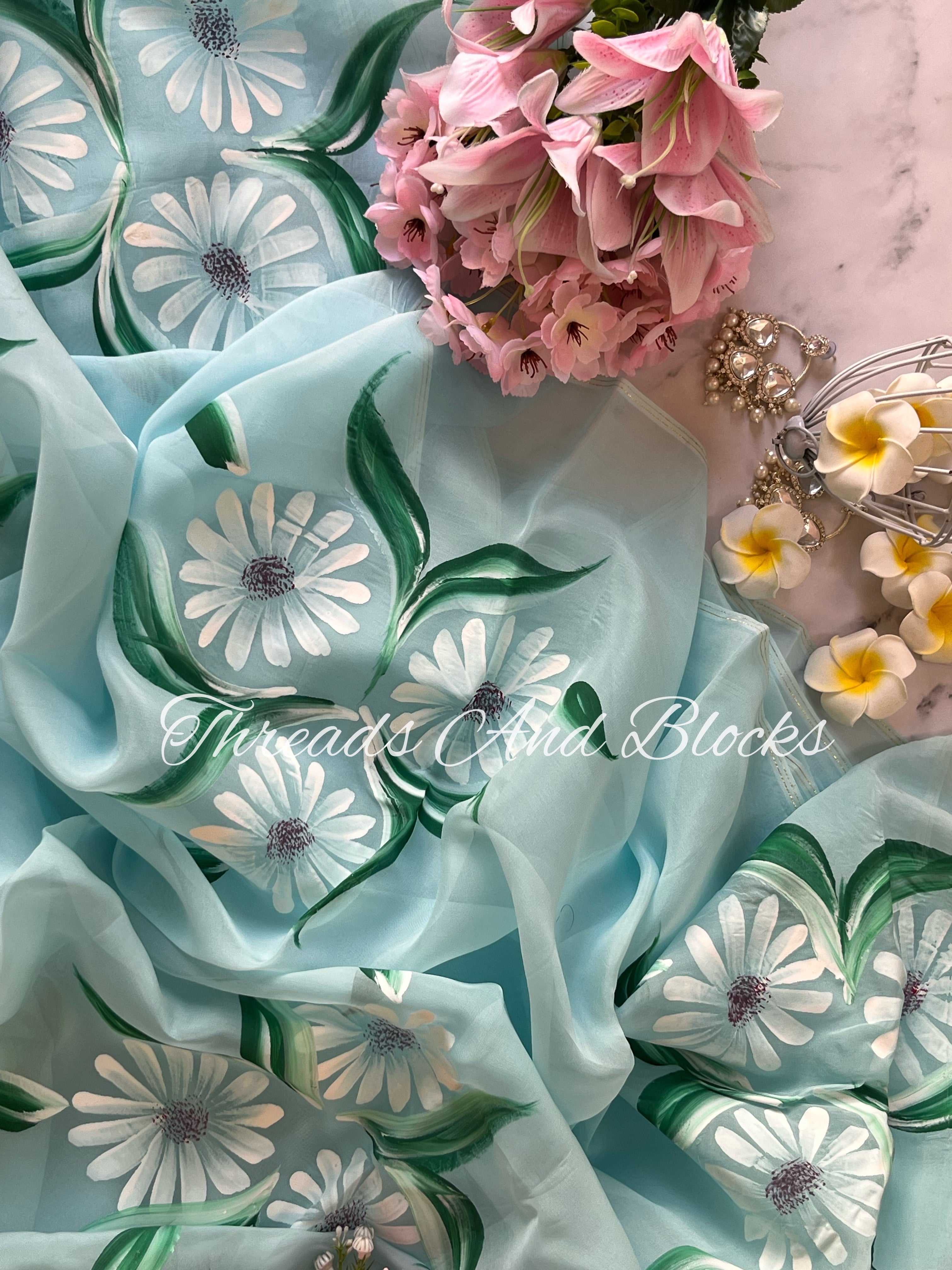 Powder Blue Organza Daisy Hand Painted Saree