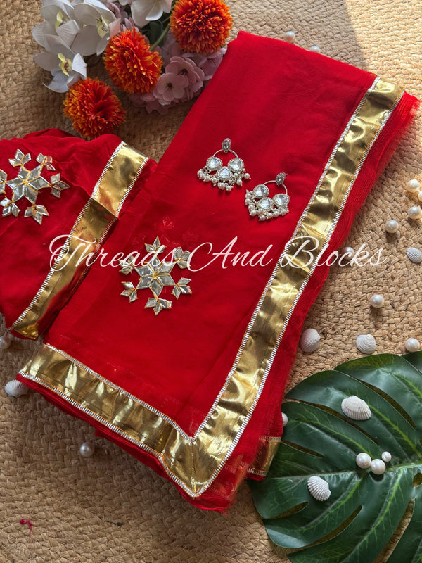Red Kachi Patti Lappa Border Saree