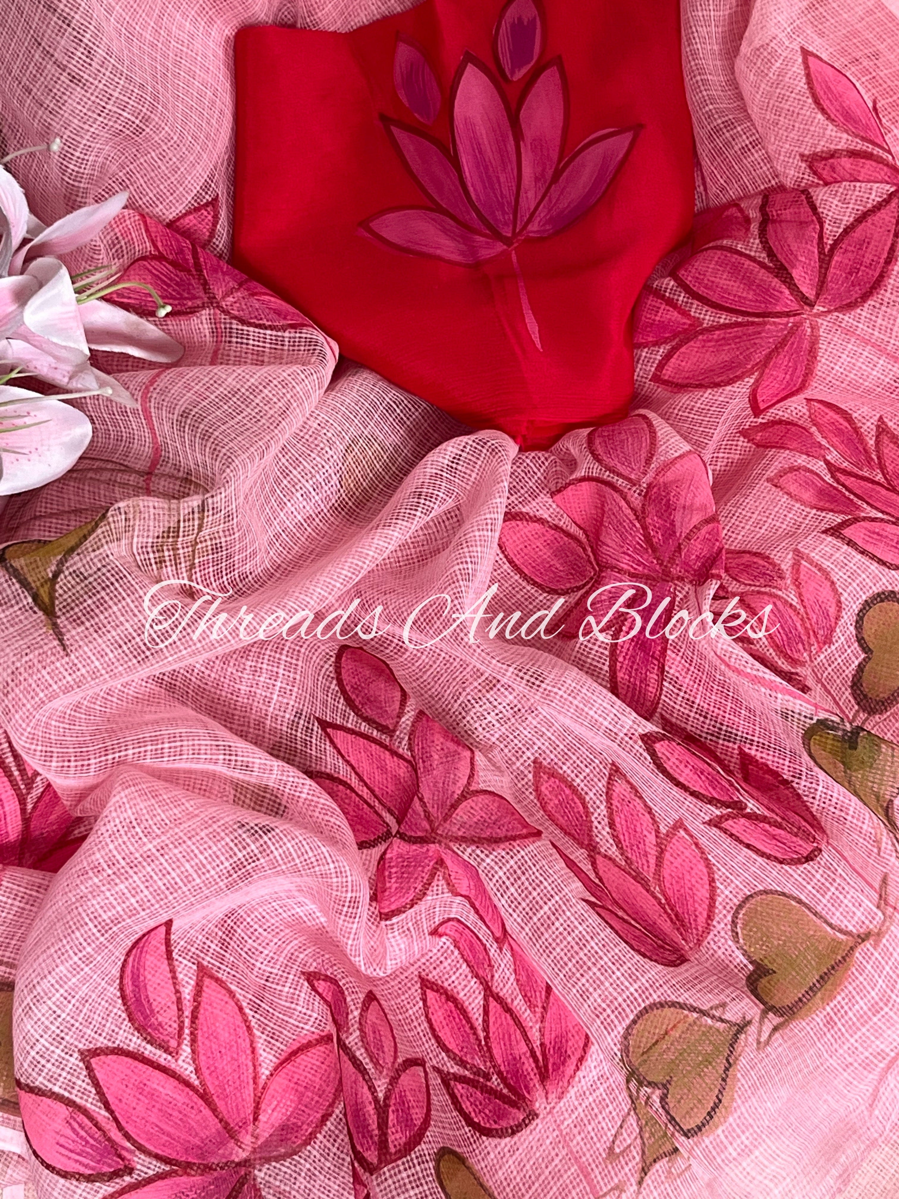 Pink Lotus Hand Painted Saree