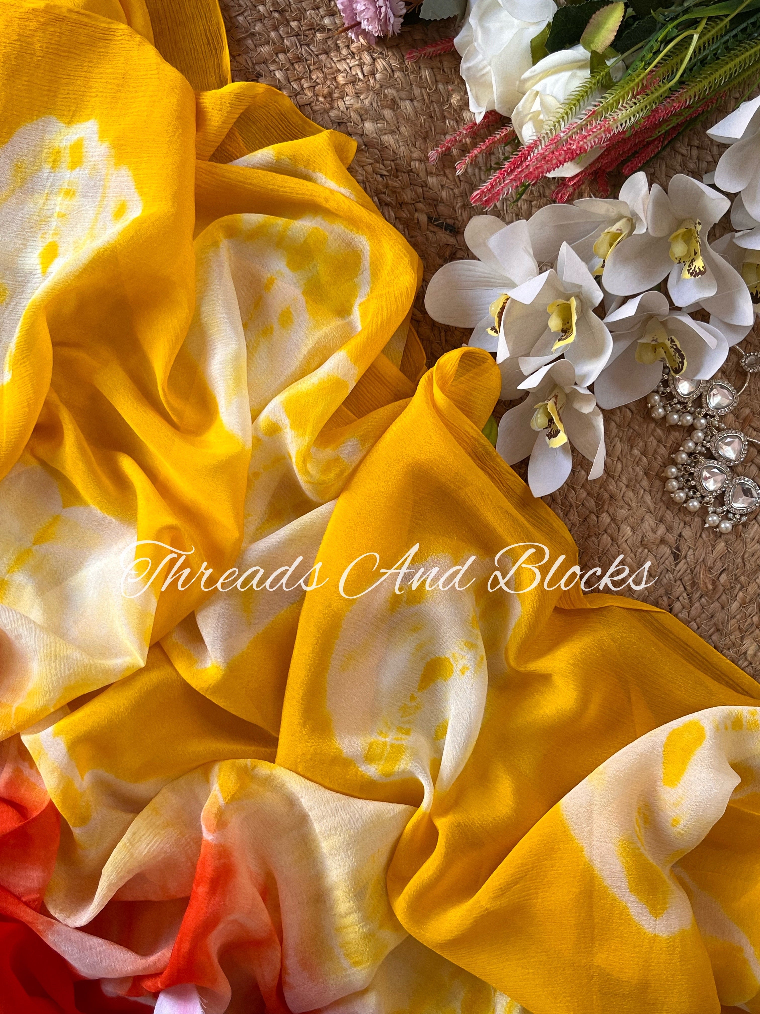 Yellow Orange Bandhani Saree