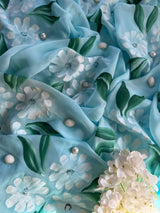 Powder Blue Organza Daisy Hand Painted Saree