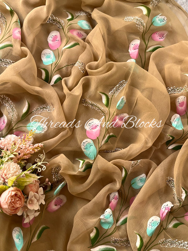 Fawn Tulip Buds Hand Painted Saree