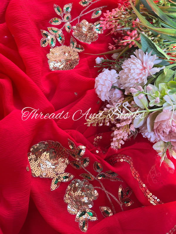 Red and Gold Floral Buta Saree