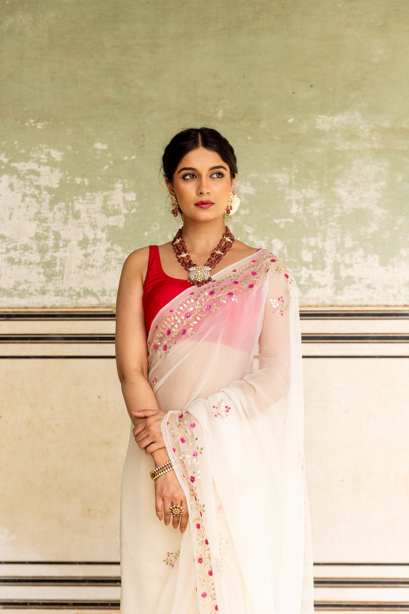 Off white Gotapatti Mirror Border Saree