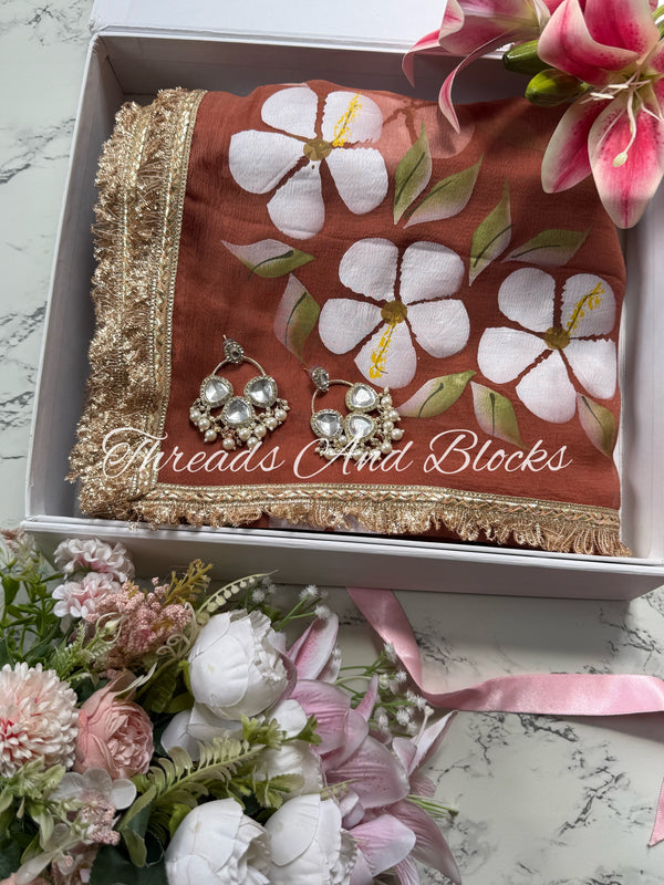 Caramel Brown Hibiscus Saree