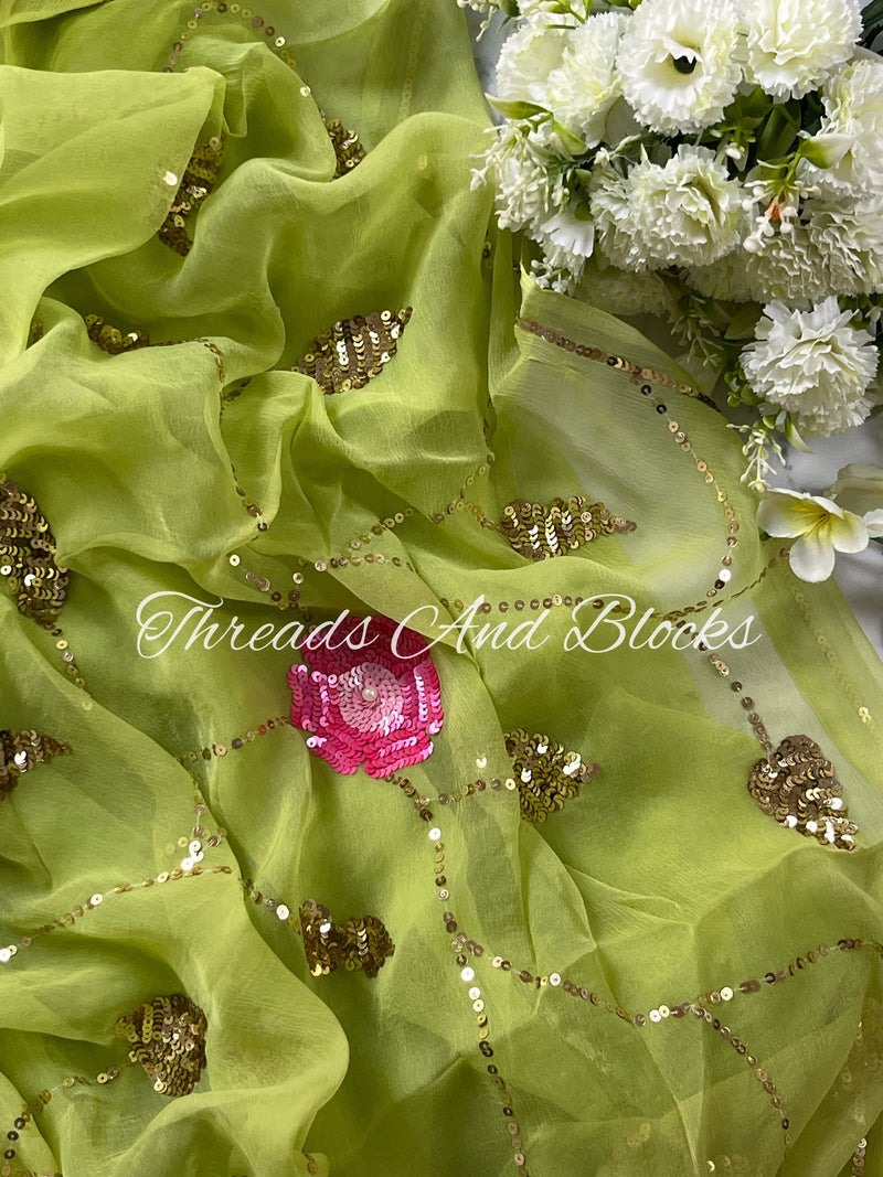 Mehendi Green Sequin Rose Jaal Saree