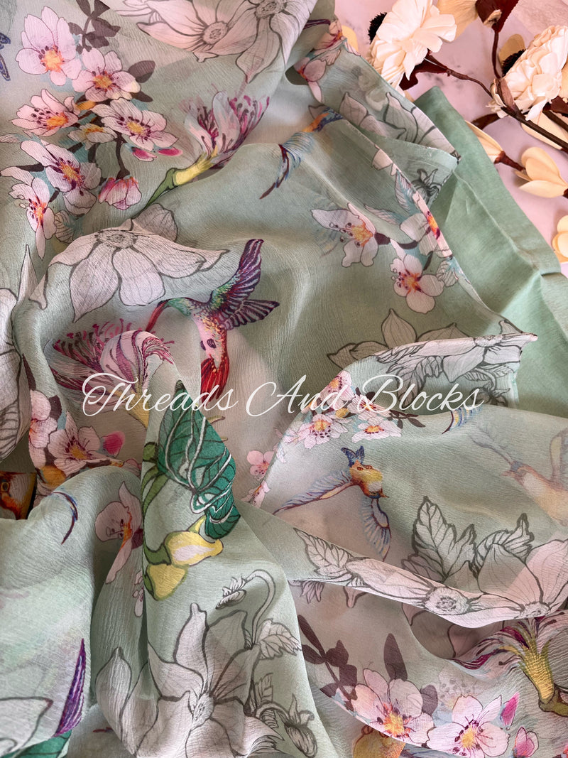 Fern Forest Floral Chiffon Saree