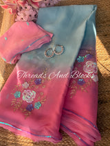 Pink Blue Floral Bunch Saree