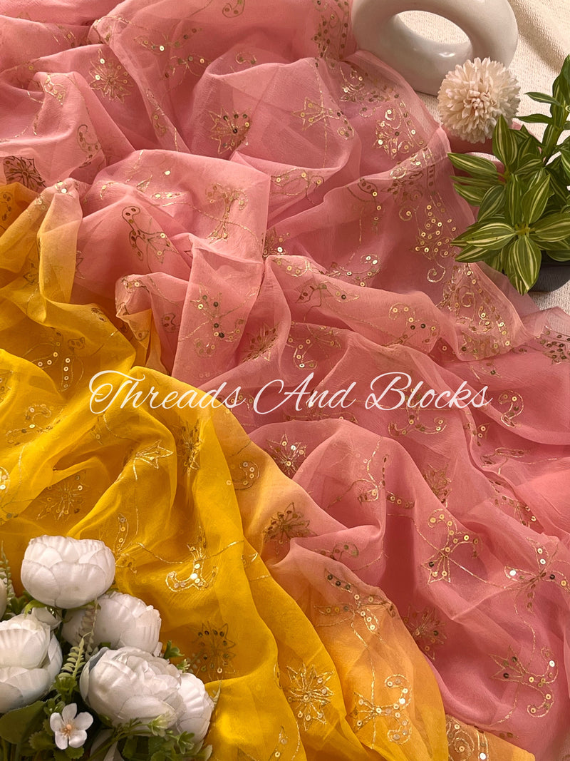 Pink Yellow Mughal Jharokha Jaal Saree