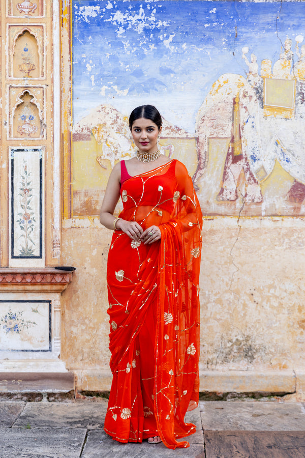 Orange Zari Pittan Leaf Jaal Saree