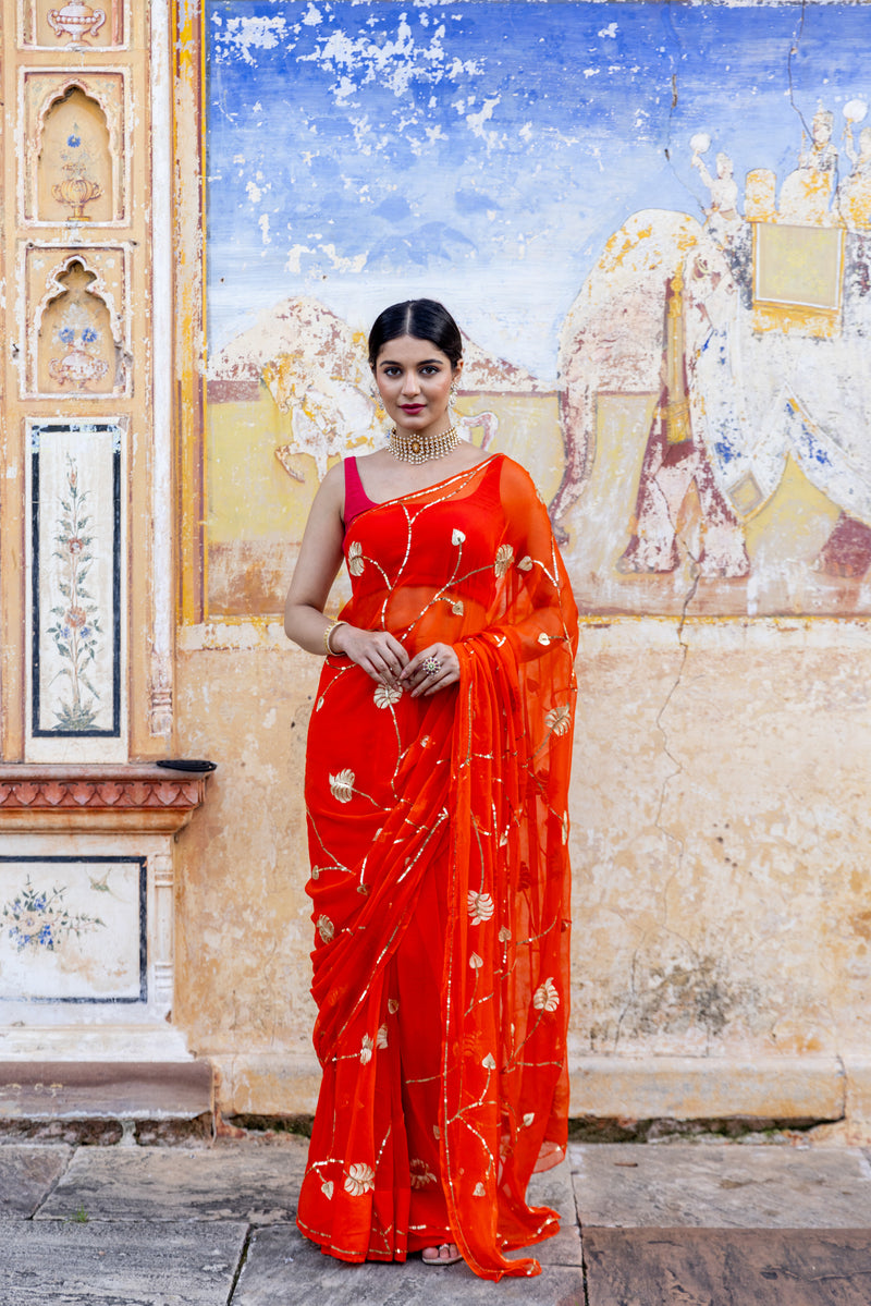 Orange Zari Pittan Leaf Jaal Saree