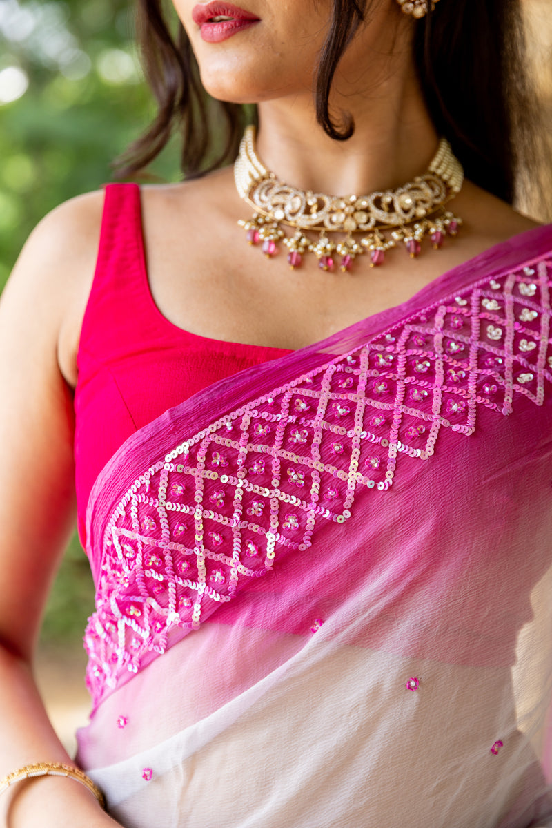 Grey Magenta Criss Cross Border Saree