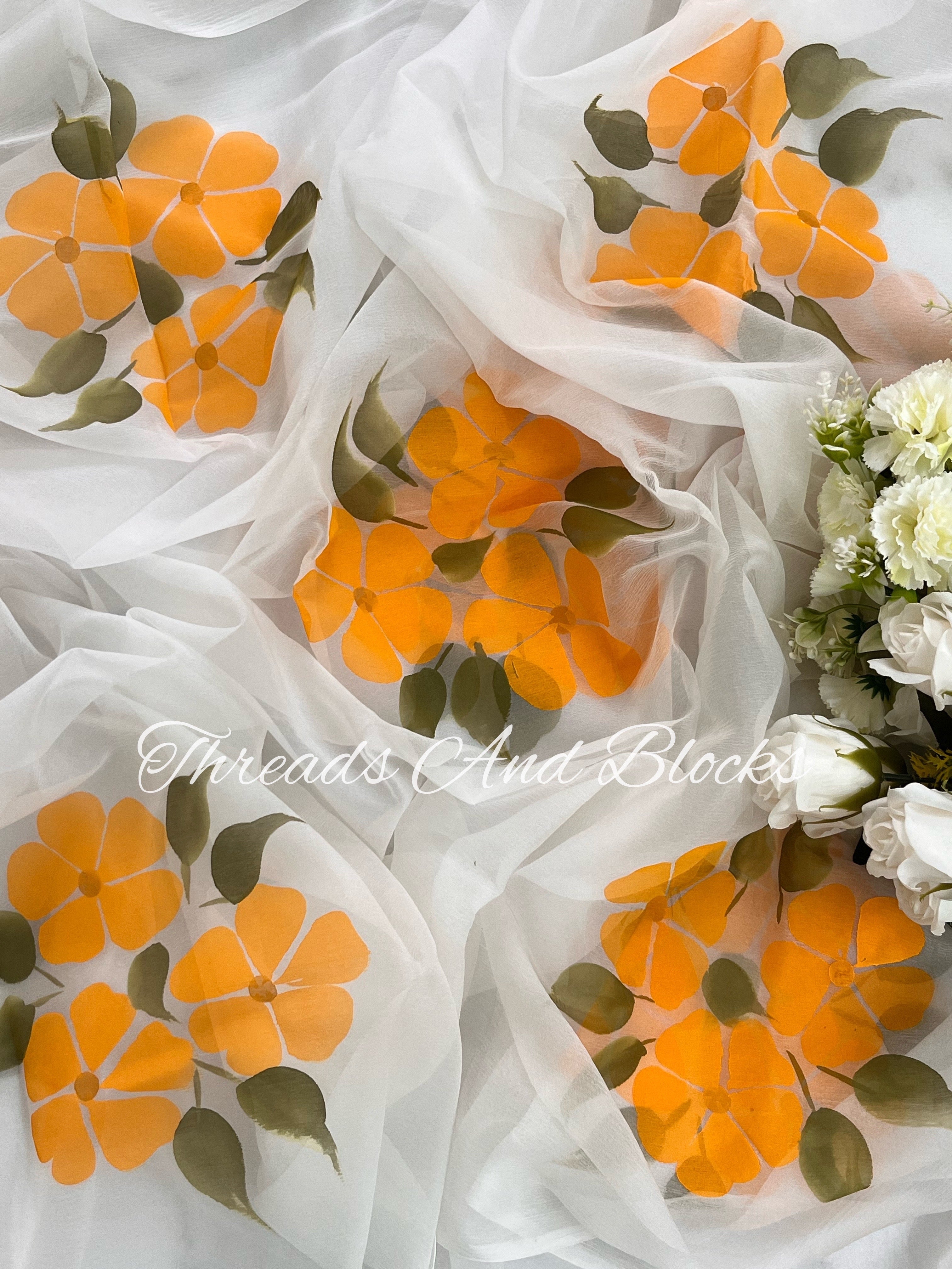 Yellow Hibiscus Hand Painted Saree