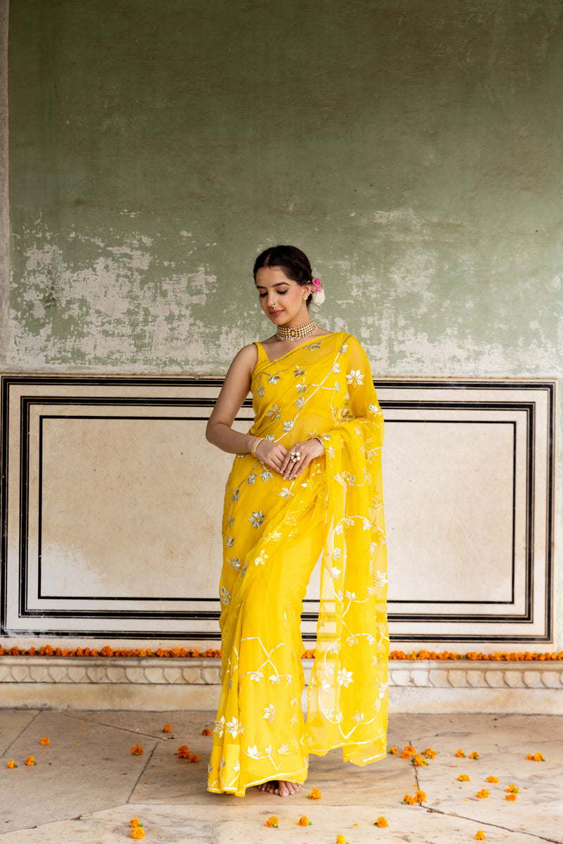 Yellow Kachi Patti Gota Jaal Saree