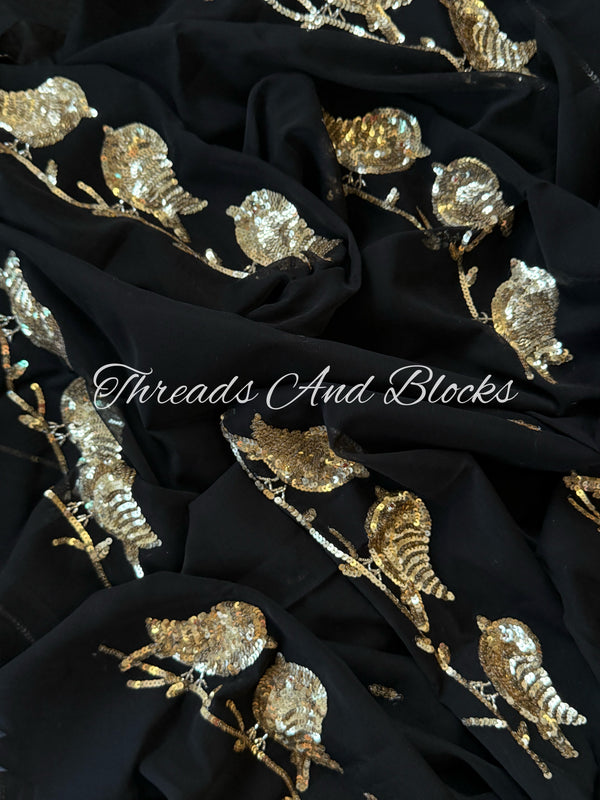 Black Chirpy Birds Chiffon Saree