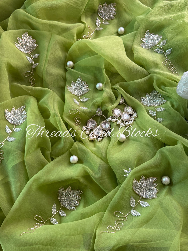 Green Glimmer Cut Daana Flower Saree