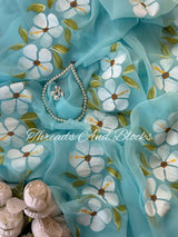 Blue Hibiscus Hand Painted Saree