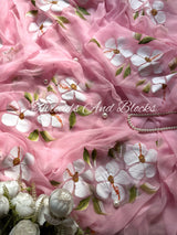 Baby Pink Hibiscus Hand Painted Saree