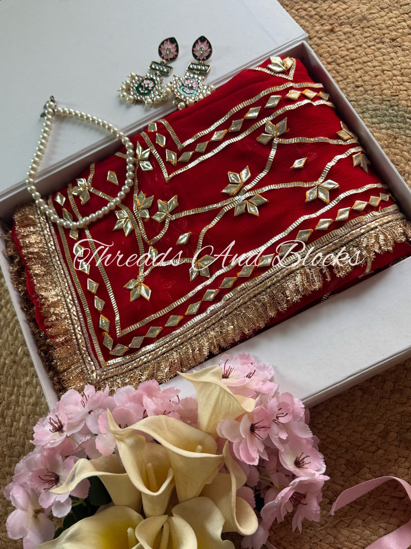 Red Kachi Patti Kiran Border Saree