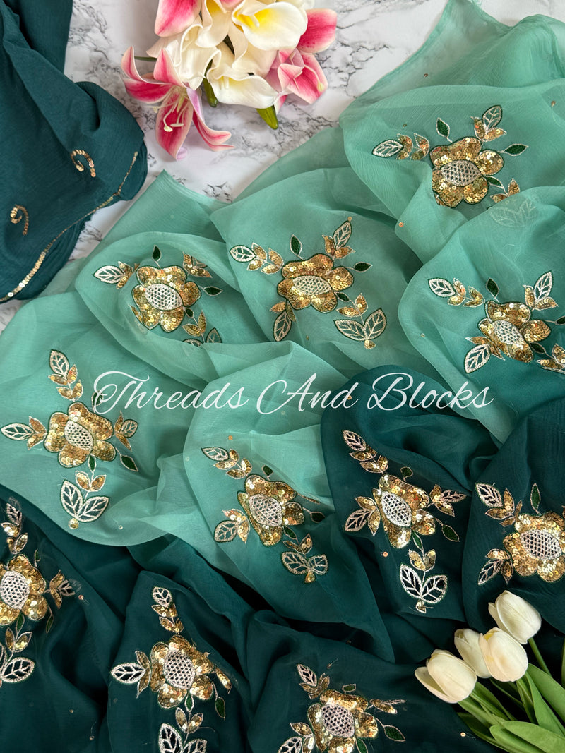 Ombré Teal Cutwork Buta Saree