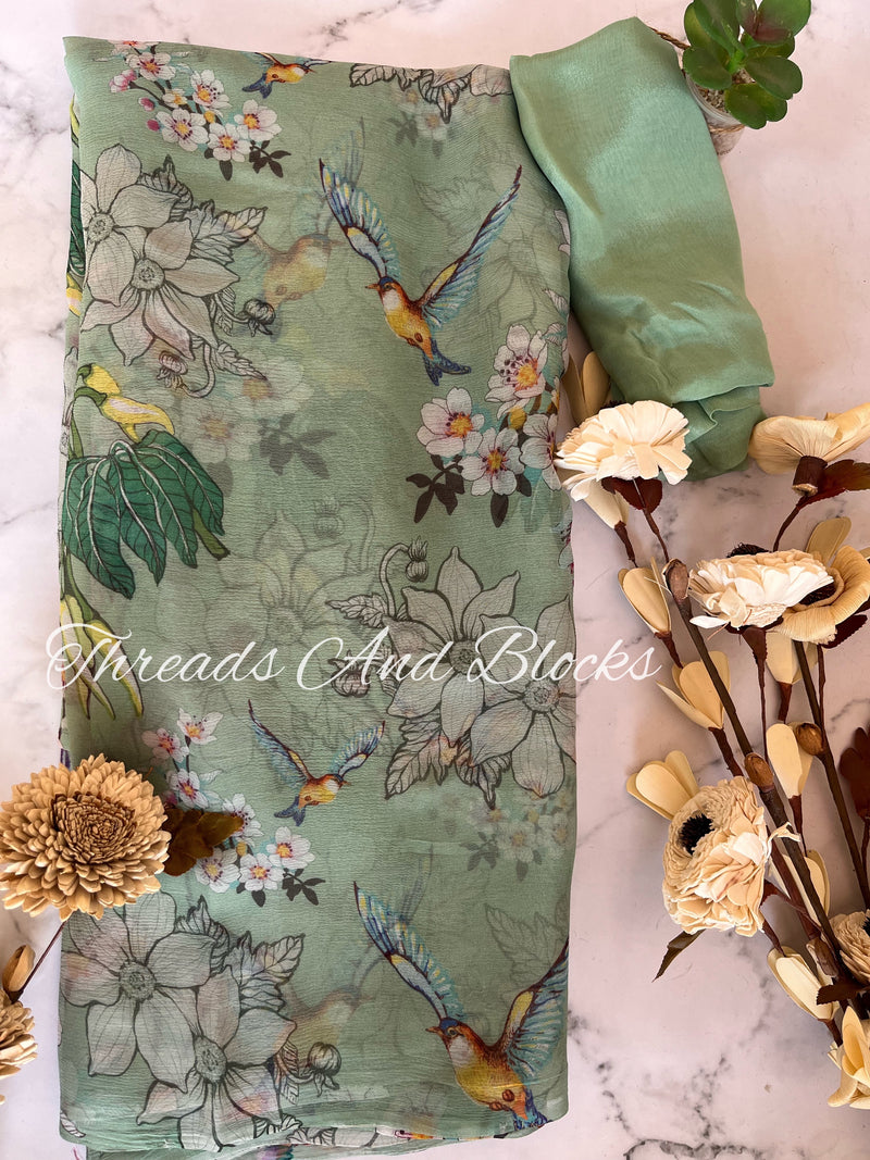 Fern Forest Floral Chiffon Saree