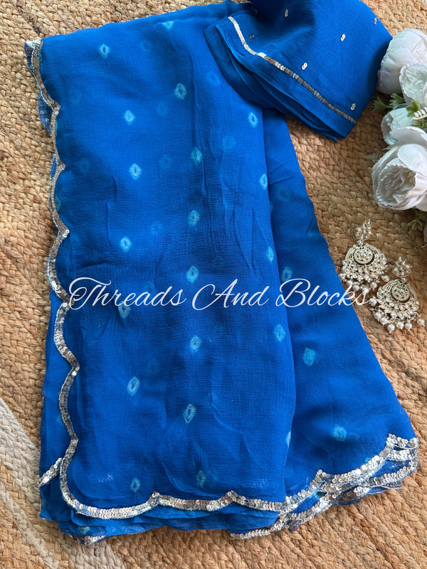Royal Blue Bandhani with Scalloped Border