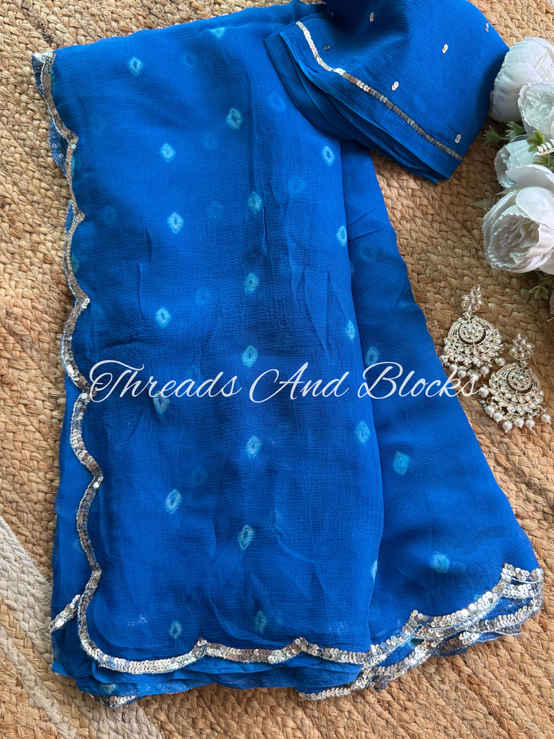 Royal Blue Bandhani with Scalloped Border