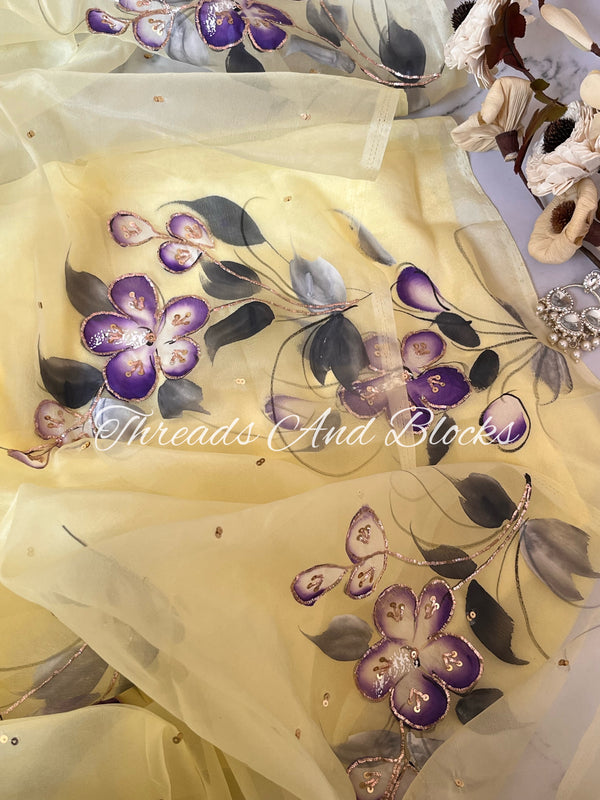 Orchid Fields Hand Painted Organza Saree