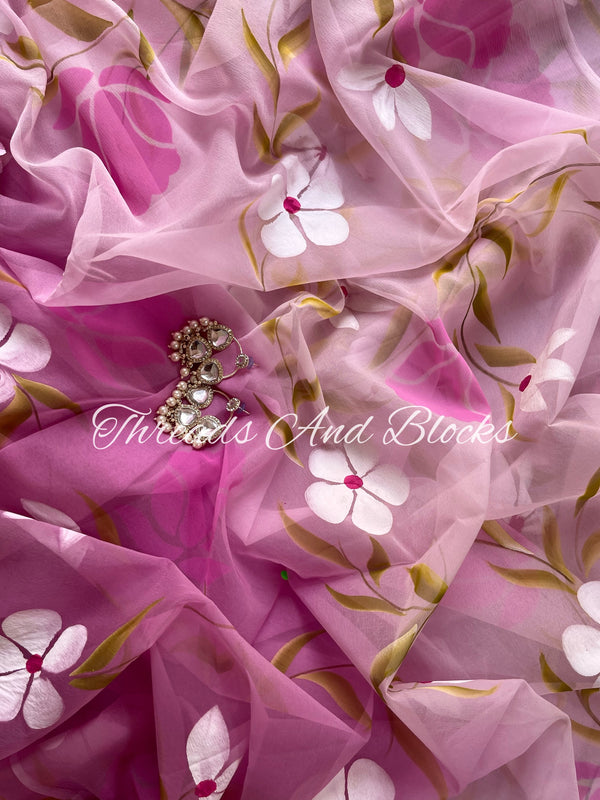 Ombré Lavender Hibiscus Hand Painted Saree