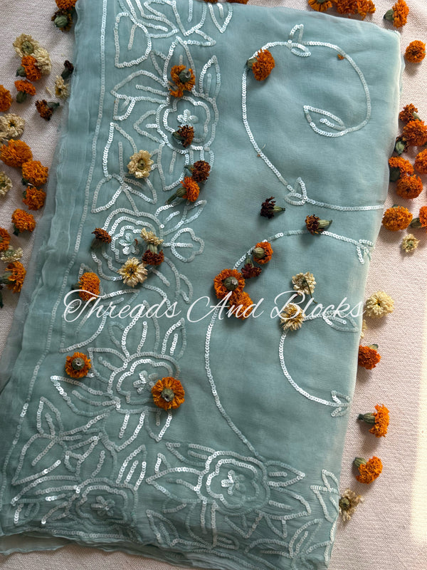 Dusky Blue Sequin Jaal Saree