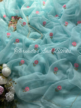 Icy Blue Petunia Chiffon Saree
