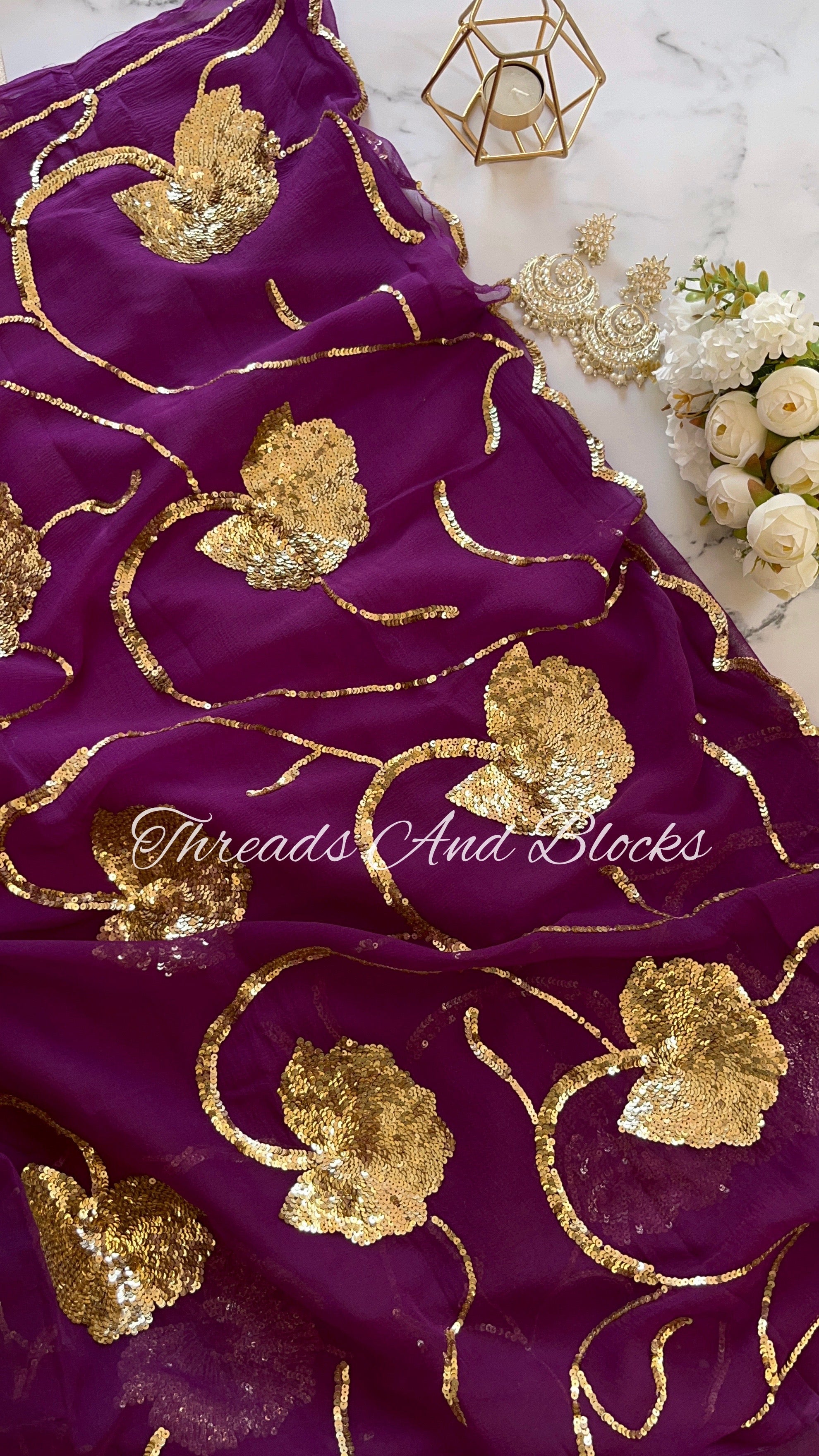 Purple Sequin Floral Border Saree