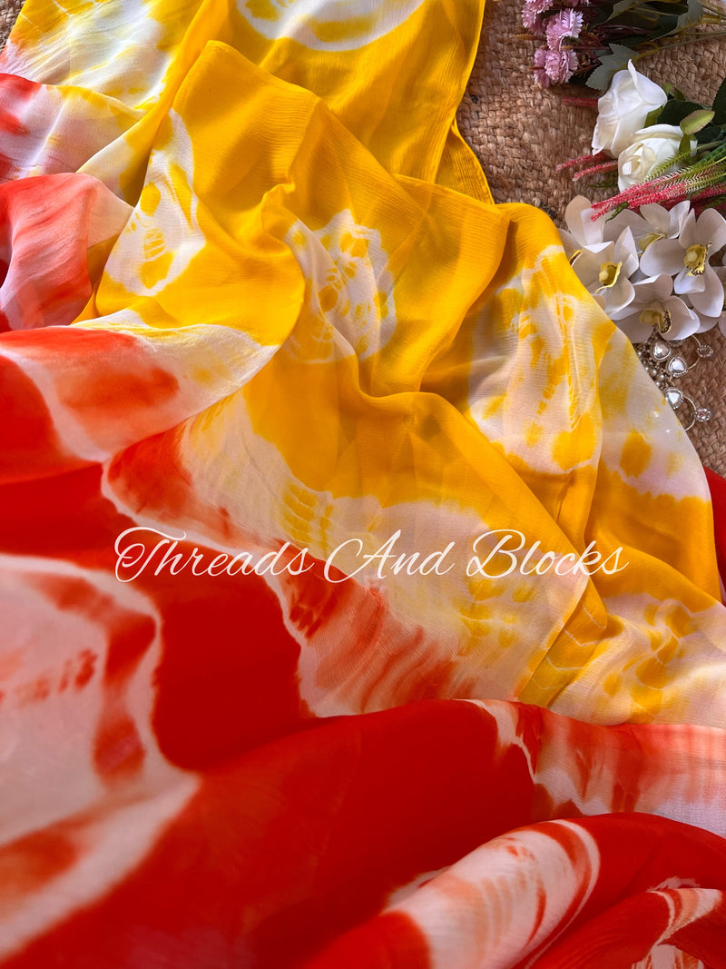 Yellow Orange Bandhani Saree