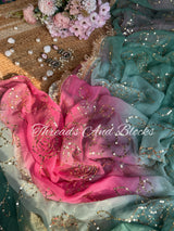 Moss Green and Pink Jaal Saree